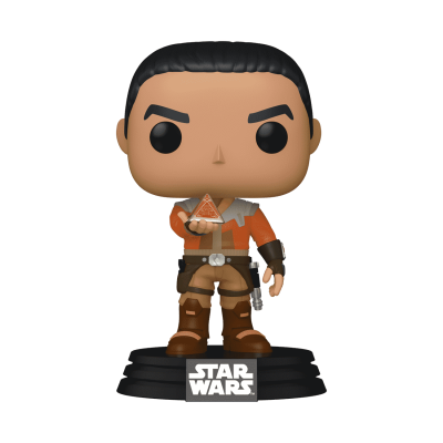 Figura Funko Pop de personagem Star Wars com roupa laranja e base preta