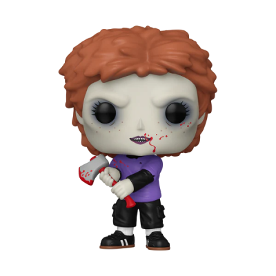 Figura Funko Pop com cabelo ruivo e machado manchado de vermelho