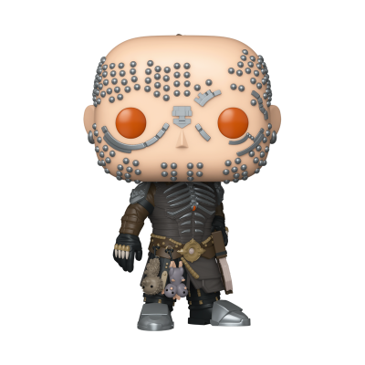 Figurine Funko Pop com esferas metálicas na cabeça e armadura cinzenta