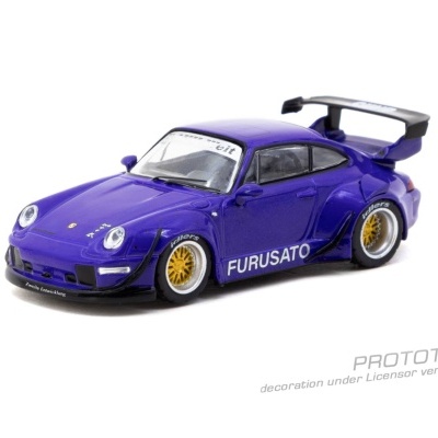 Miniatura de carro desportivo roxa com asa traseira preta e jantes douradas