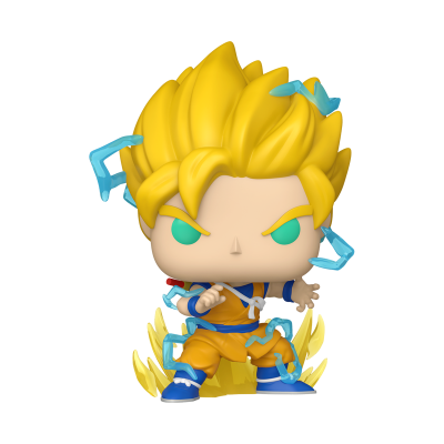 Figura colecionável de vinil anime com cabelo amarelo e efeitos elétricos azuis