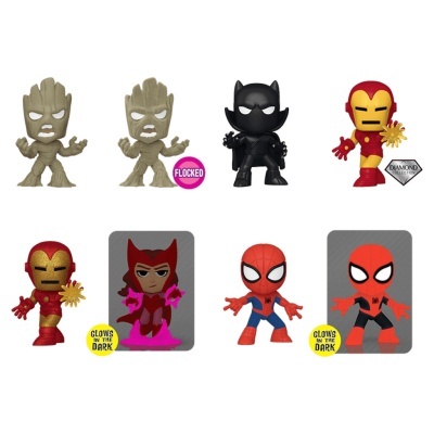 Conjunto de figuras Funko Pop de personagens Marvel em várias cores e texturas