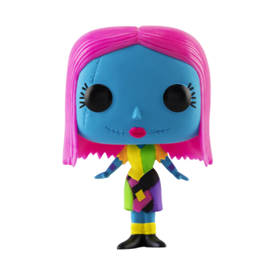 Figurina de vinil estilizada azul com cabelo rosa e roupa colorida em padrão de retalhos