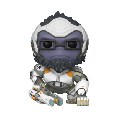 Figura colecionável Funko Pop do Winston com armadura branca e arma futurista