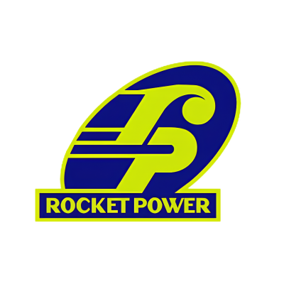 Logotipo amarelo e azul com texto ROCKET POWER