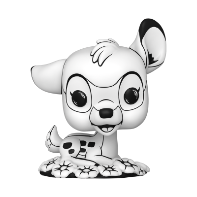 Figura Funko Pop de veado branco com manchas pretas e base com flores.