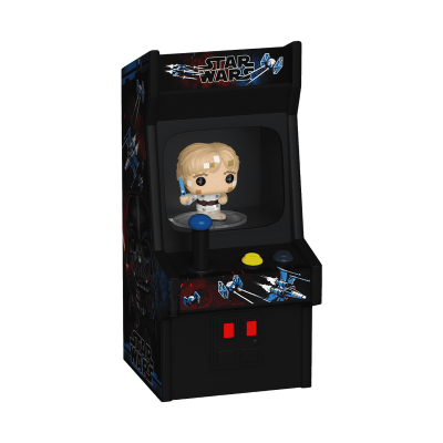 Mini arcade game preto com figura de personagem estilo Funko Pop e gráficos Star Wars