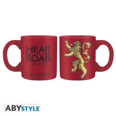 Caneca vermelha de cerâmica com texto e emblema de Game of Thrones