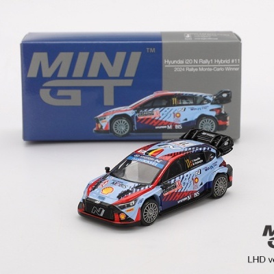 Miniatura de carro de rally Hyundai i20 N Rally1 Hybrid #11 com caixa azul e cinza