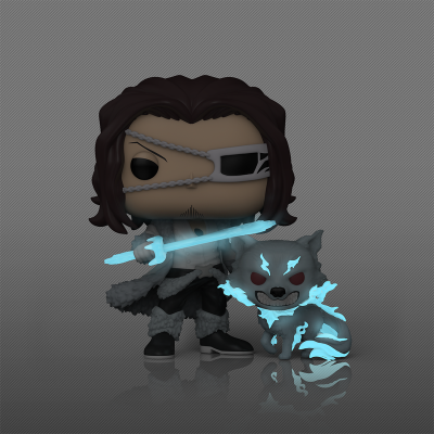 Figura Funko Pop homem com espada azul e lobo com chamas azuis