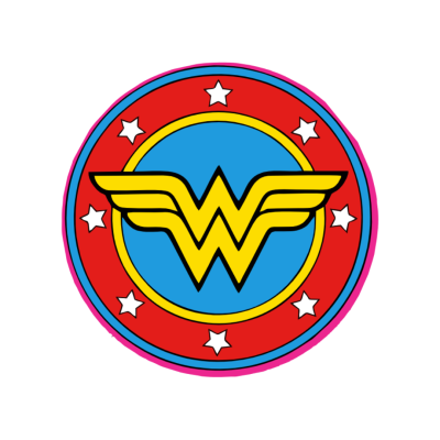 Emblema circular da Mulher Maravilha em amarelo, azul, vermelho, branco e rosa