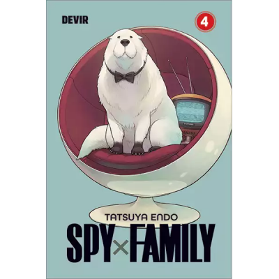 Capa do manga SPY×FAMILY volume 4 com animal branco numa cadeira esférica e televisão antiga