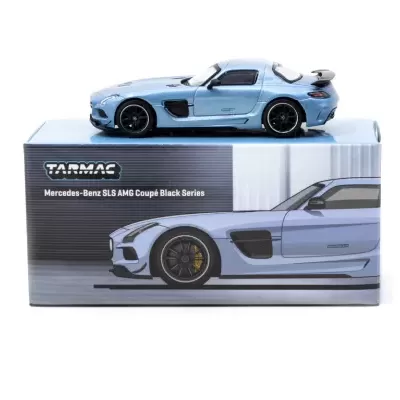 Miniatura de carro azul Mercedes-Benz SLS AMG Coupé Black Series sobre caixa.