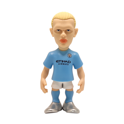 Figura colecionável de jogador de futebol com camisola azul e calções brancos