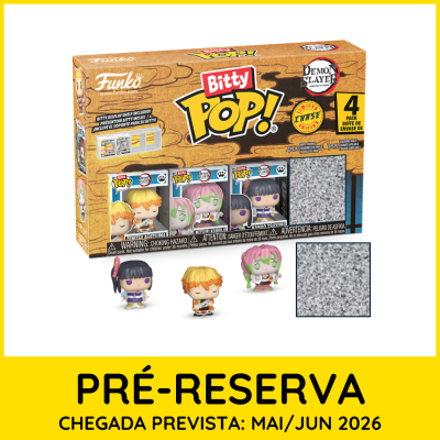 Conjunto de 4 figuras Funko Bitty Pop! Demon Slayer em embalagem castanha com padrão de madeira.