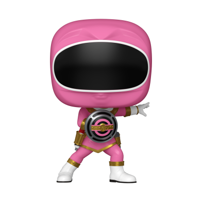 Figura Funko Pop de personagem com fato rosa e capacete preto.