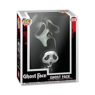 Funko Pop Ghost Face em caixa de embalagem branca, vermelha e preta