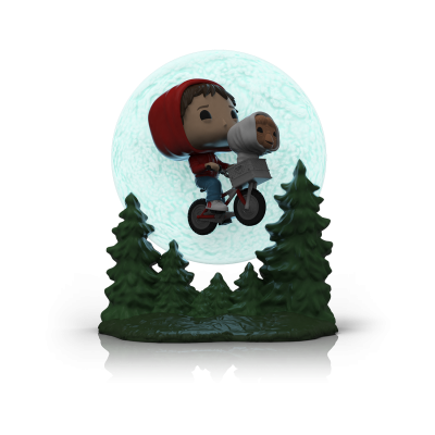 Figura colecionável de criança em bicicleta com árvores e lua ao fundo