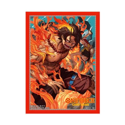 Capa protetora para cartas com personagens de anime em chamas e texto One Piece Card Game