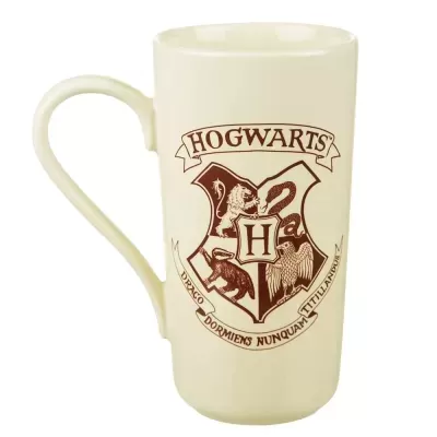 Caneca alta de cerâmica creme com brasão de Hogwarts castanho