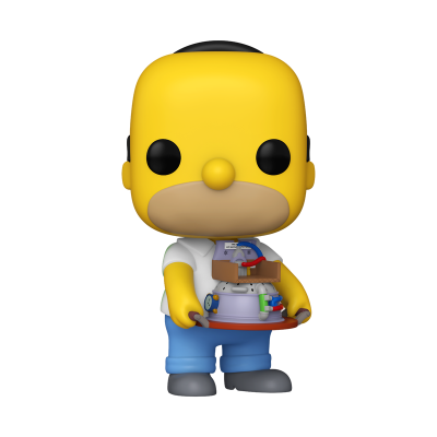 Figura Funko Pop de Homer Simpson a segurar objeto tecnológico colorido