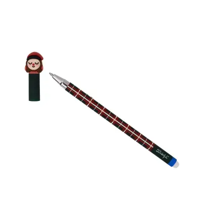 Caneta esferográfica com tampa decorativa com figura sorridente e corpo xadrez vermelho, branco e preto
