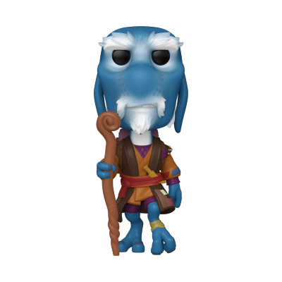 Figura colecionável azul com cajado e roupa marrom e vermelha