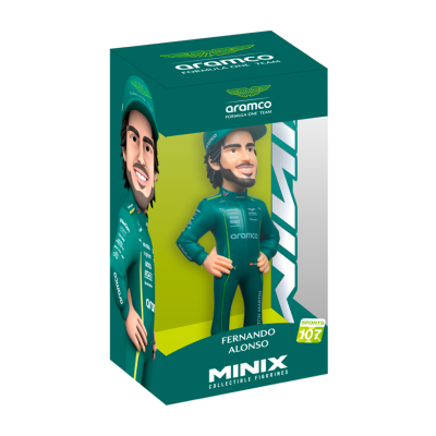 Box com figura colecionável Fernando Alonso com fato de corrida verde Aramco Aston Martin