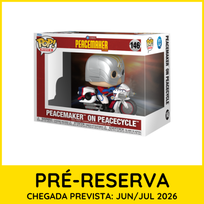 Figura Funko Pop PEACEMAKER 146 na motocicleta numa caixa de embalagem branca vermelha amarela