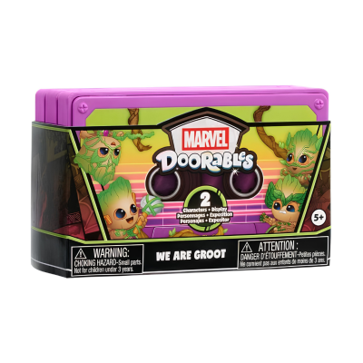 Embalagem de brinquedo Marvel Doorables We Are Groot com tampa roxa e desenhos do Groot