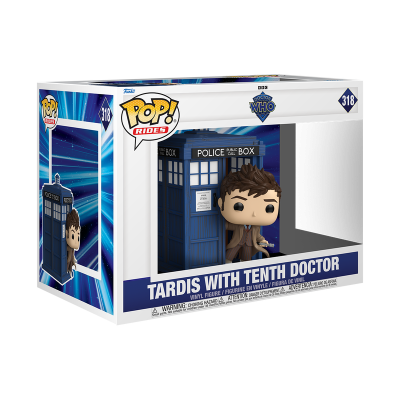 Figura vinyl Pop! Rides Tardis with Tenth Doctor em caixa com texto e imagens do produto