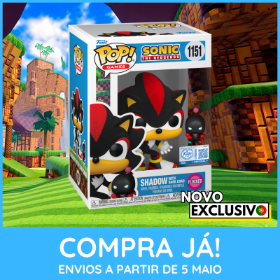 Funko Pop de Shadow com Dark Chao da coleção Sonic The Hedgehog em caixa azul e branca