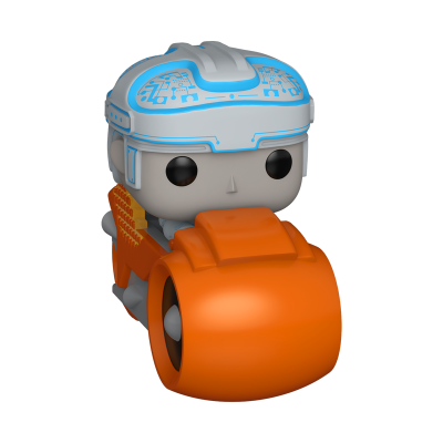 Boneco colecionável com capacete cinza e azul e base laranja