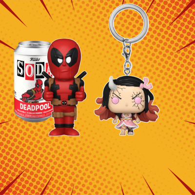 Figura Funko Pop Deadpool e chaveiro Funko Pop personagem com chifres sobre fundo amarelo