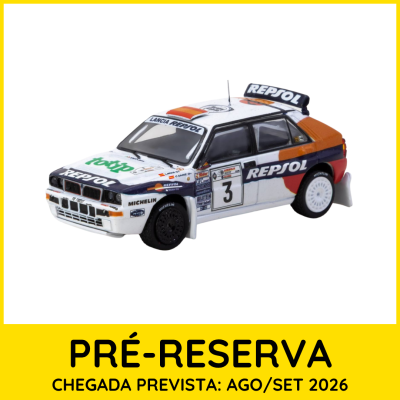 Miniatura de carro de rali Lancia com pintura colorida e texto promocional