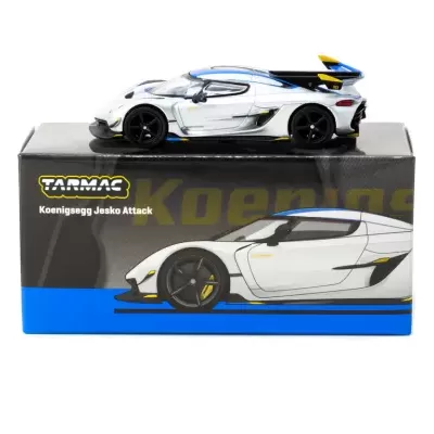Miniatura carro desportivo Koenigsegg Jesko Attack branco sobre caixa preta e azul