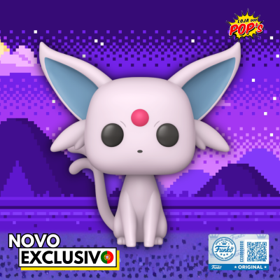 Figura colecionável de vinil branca com orelhas azuis em fundo roxo pixelado