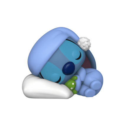 Boneco de vinil do Stitch a dormir com pijama azul claro num fundo branco