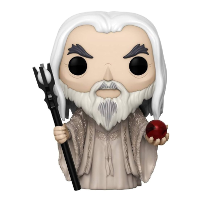 Figura Funko Pop de mago com túnica bege, cabelo e barba brancos, cetro preto e esfera vermelha