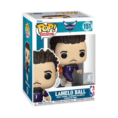 Figura Funko Pop! LaMelo Ball dos Hornets em caixa com fundo azul e branco