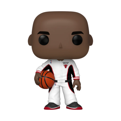 Figura Funko Pop de jogador de basquetebol com fatos de treino brancos e pretos e bola de basquetebol