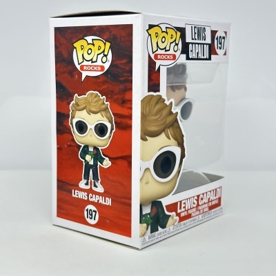 Caixa de figura Funko Pop! Rocks de Lewis Capaldi com óculos brancos e cabelo castanho claro