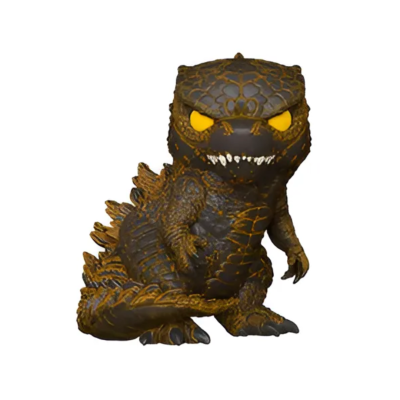 Figura colecionável de Godzilla com olhos amarelos e escamas douradas