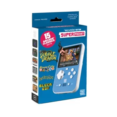 Embalagem azul de console portátil TECHNOS SUPER POCKET com jogos arcade clássicos