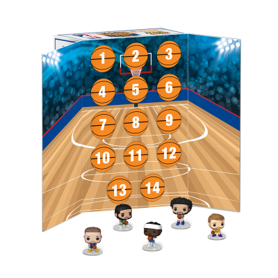 Jogo de tabuleiro de basquetebol com círculos numerados e quatro bonecos de jogadores