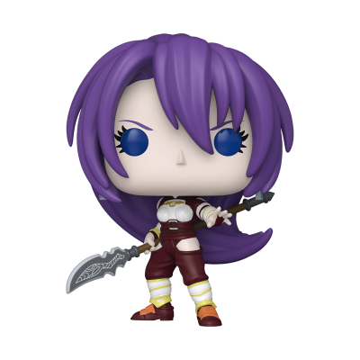Figura Funko Pop com cabelo roxo e roupa vermelha segurando arma