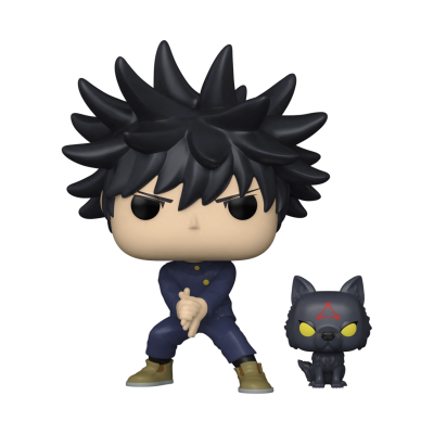 Figura de vinil de personagem com cabelo espetado e animal preto com olhos amarelos