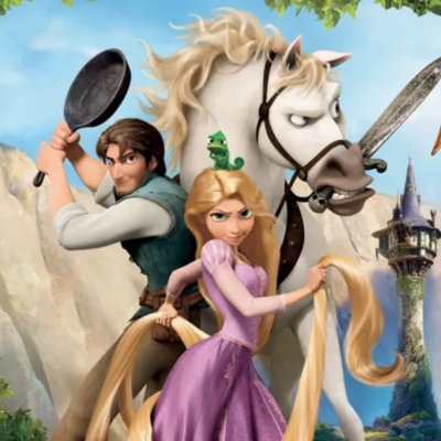 Imagem de personagens animados com rapariga de vestido roxo, rapaz com frigideira, cavalo branco e camaleão verde