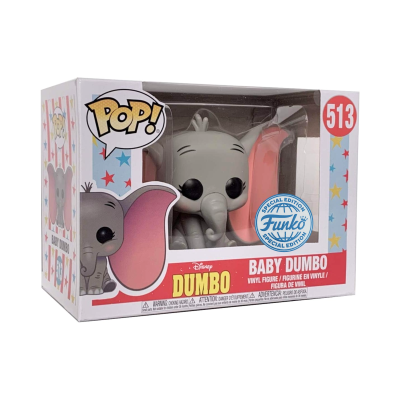 Figura Funko Pop do bebé Dumbo em caixa branca com estrelas vermelhas e azuis