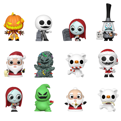 Figuras Funko Pop do filme O Estranho Mundo de Jack em trajes festivos.